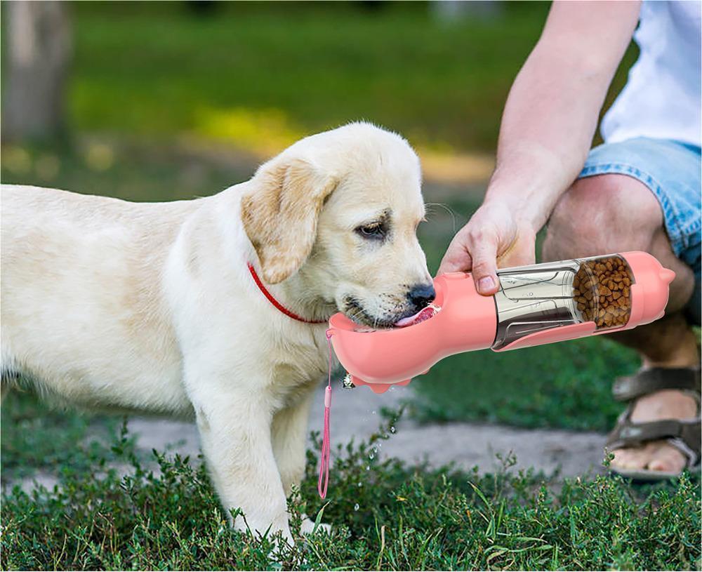 3-in-1 Portable Pet Water Bottle – Feeder Bowl & Waste Bag Storage for Outdoor Travel